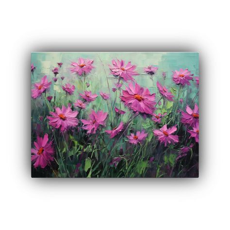 Pintura Floral En Lienzo Verde Y Magenta Para Decoración. 90x60cm-0