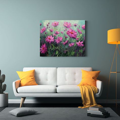 Pintura Floral En Lienzo Verde Y Magenta Para Decoración. 90x60cm-2