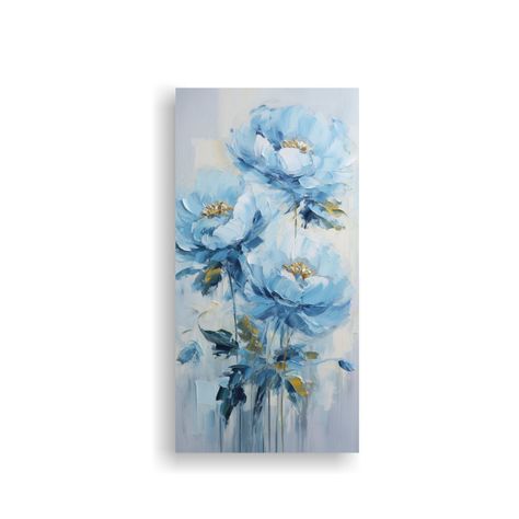Pintura Rectangular Azul De Peonías Sobre Lienzo 20x40cm-0