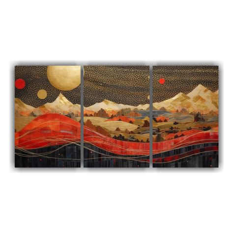 Pintura De Montañas Con Luna: Set 3 90x45 Cm-0