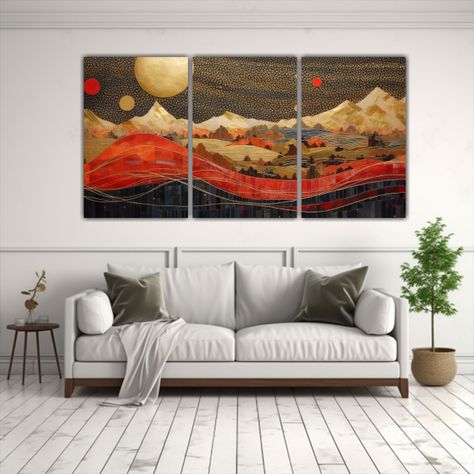 Pintura De Montañas Con Luna: Set 3 90x45 Cm-2