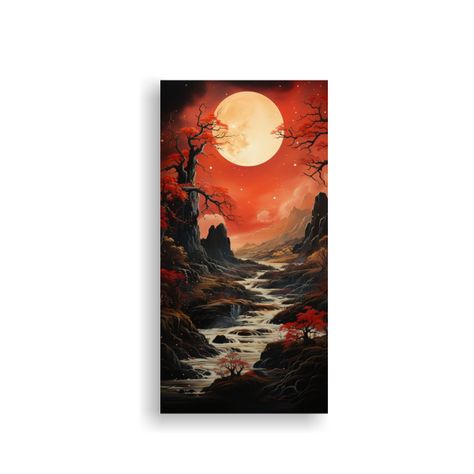 Cuadro De Tela Vertical Con Luna Y Montañas, 80x160cm-0