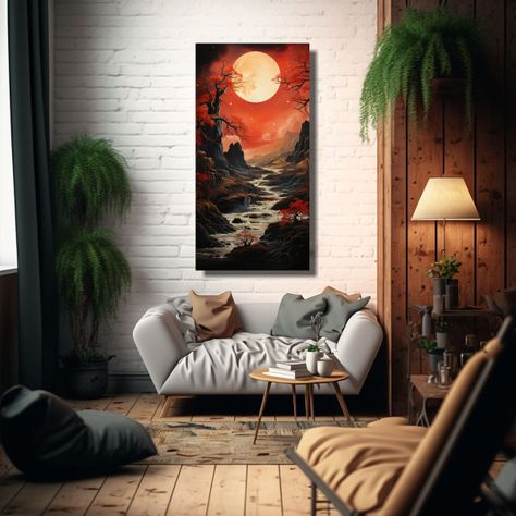 Cuadro De Tela Vertical Con Luna Y Montañas, 80x160cm-2