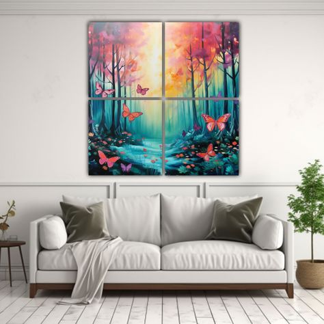 Cuadro Moderno Con Mariposas En Un Hermoso Bosque 100x100 Cm-2