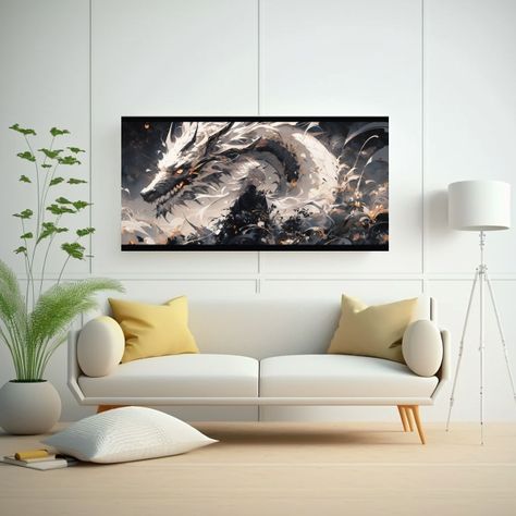 Pintura Decorativa: Dragón Blanco Y Negro En Atm 60x30cm-2