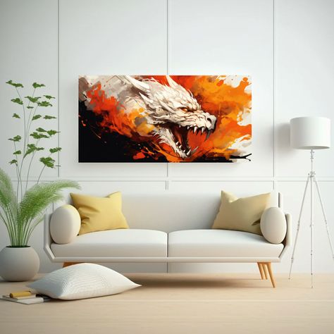 Pintura Vanguardista: Dragón Blanco Y Naranja, 40x20 Cm-2
