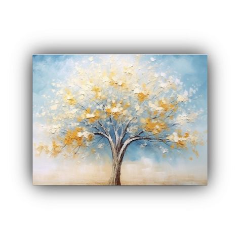 Cuadro De árbol Azul Con Hojas Amarillas Para Decorar La Sa 120x80cm-0