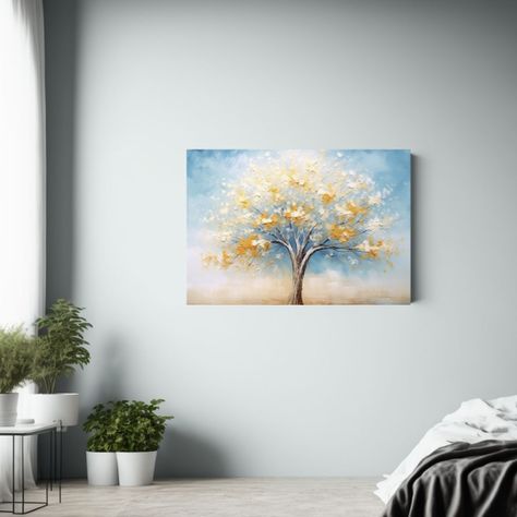 Cuadro De árbol Azul Con Hojas Amarillas Para Decorar La Sa 120x80cm-2