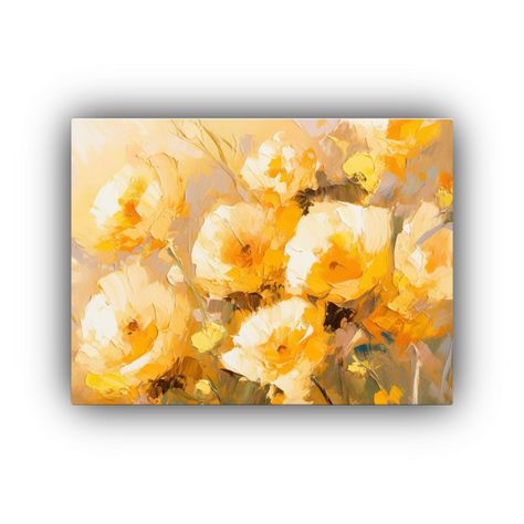 Pintura De Flores Amarillas Y Doradas En Lienzo 45x30cm-0