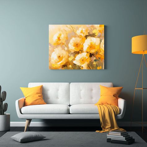 Pintura De Flores Amarillas Y Doradas En Lienzo 45x30cm-2
