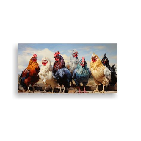 Pintura Original Cuadro Gallos Y Gallinas Estilo 60x30cm-0