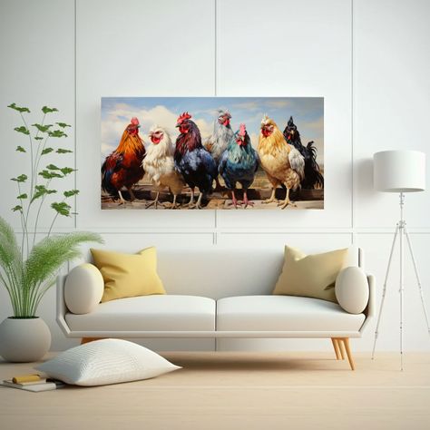 Pintura Original Cuadro Gallos Y Gallinas Estilo 60x30cm-2