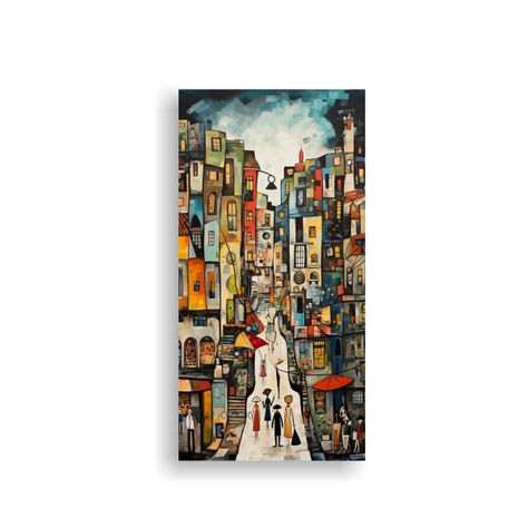 Lienzo De Tela Cuadro Ambiente Calle Bulliciosa 20x40cm-0