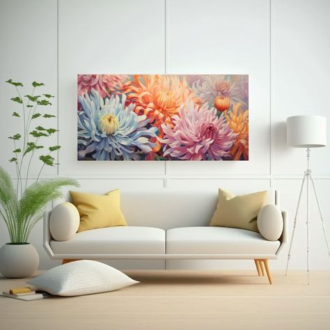 Pintura Abstracta De Crisantemos En Tela: Obra ún 100x50cm-2