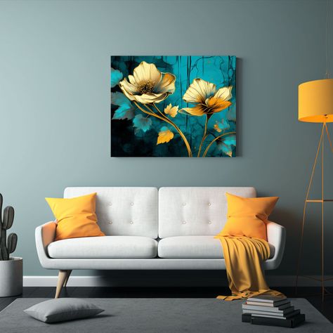 Arte En Lienzo Para Baño: Turquesa Y Oro En Atmósfera Neon 90x60cm-2