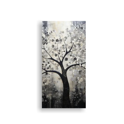 Pintura Decorativa De Árbol En Negro Y Plata 50x100cm-0