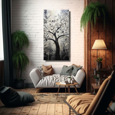 Pintura Decorativa De Árbol En Negro Y Plata 50x100cm-2