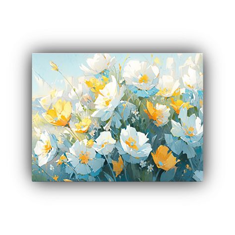 Pintura De Flores Amarillas Y Turquesa En Lienzo 90x60cm-0