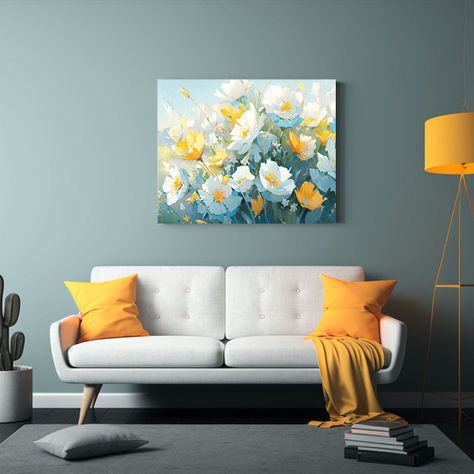 Pintura De Flores Amarillas Y Turquesa En Lienzo 90x60cm-2
