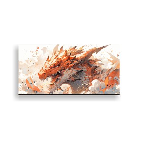 Pintura De Dragon En Acuarelas Y Colores Naranja:  40x20cm-0