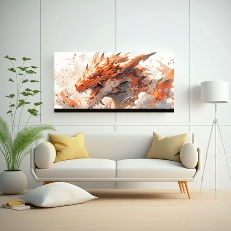 Pintura De Dragon En Acuarelas Y Colores Naranja:  40x20cm-2