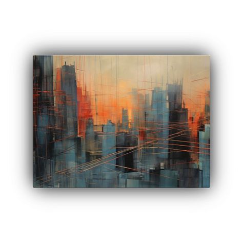Pintura Abstracta De Ciudad En Rojo, Azul Y Naranja: Vanguar 90x60cm-0