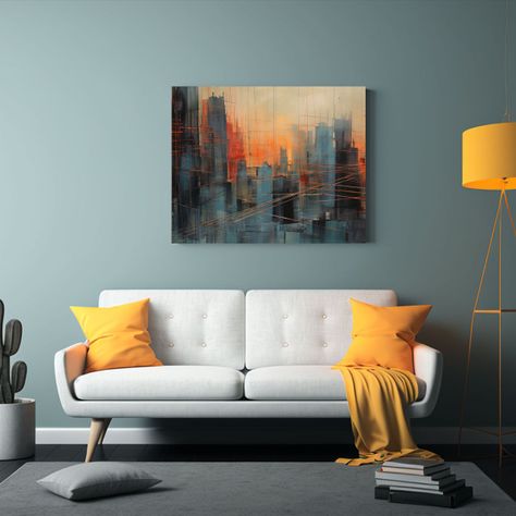 Pintura Abstracta De Ciudad En Rojo, Azul Y Naranja: Vanguar 90x60cm-2
