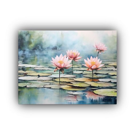 Impresionante Serie Acuarela De Loto Rosa, Verde Y Azul Para 65x50cm-0