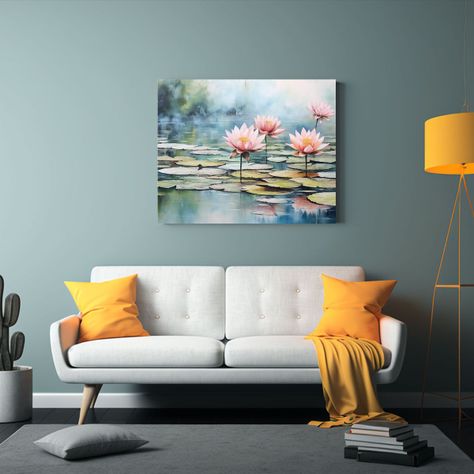 Impresionante Serie Acuarela De Loto Rosa, Verde Y Azul Para 65x50cm-2