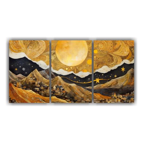 Tríptico Montaña Con Luna Pintura Estética 120x60 Cm-0