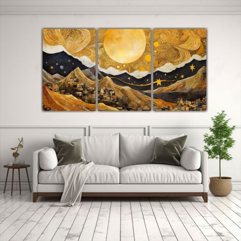 Tríptico Montaña Con Luna Pintura Estética 120x60 Cm-2