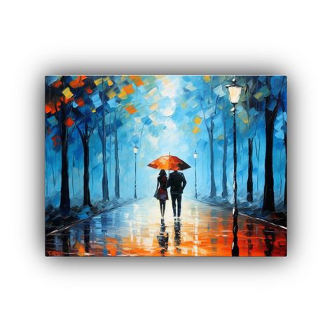 Pareja Con Paraguas Paseando Bajo La Lluvia En árbol. 60x40cm-0