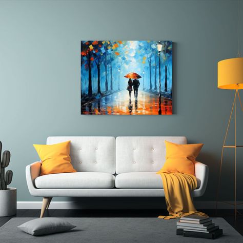 Pareja Con Paraguas Paseando Bajo La Lluvia En árbol. 60x40cm-2