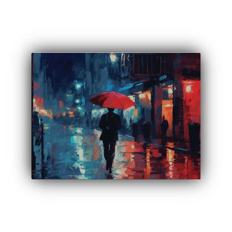 Pintura Nocturna De Persona Caminando Bajo La Lluvia 90x60cm-0