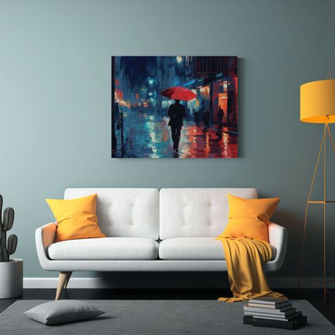 Pintura Nocturna De Persona Caminando Bajo La Lluvia 90x60cm-2