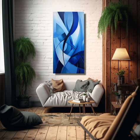 Pintura Decorativa En Bastidor Azul Con Detalles I 50x100cm-2