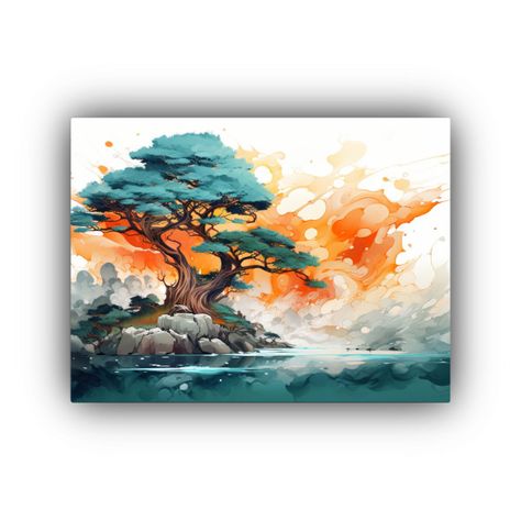 Pintura Abstracta De Un Árbol De Ciprés En Colores Turques 120x80cm-0