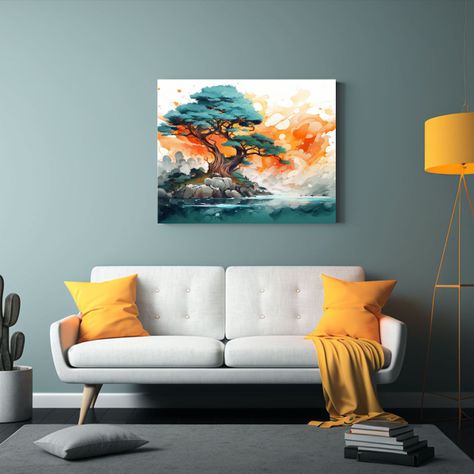Pintura Abstracta De Un Árbol De Ciprés En Colores Turques 120x80cm-2