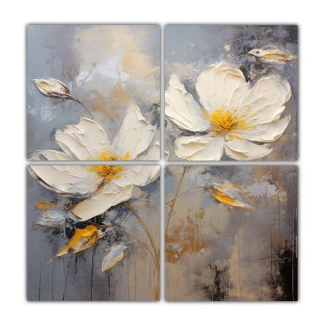 Pintura En Lienzo De Flores Amarillas Y Plateadas 100x100 Cm-0