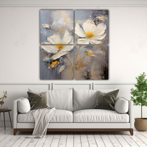 Pintura En Lienzo De Flores Amarillas Y Plateadas 100x100 Cm-2
