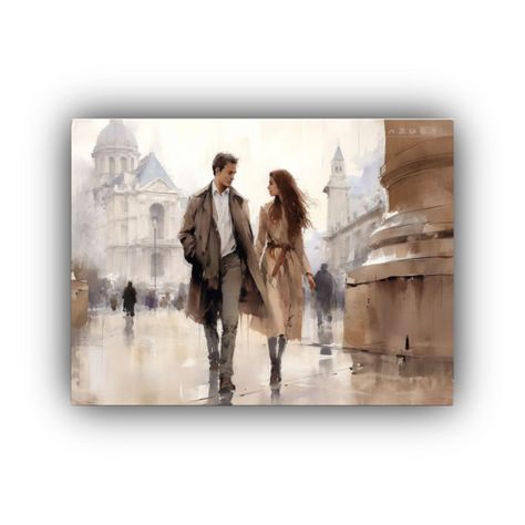 Pareja Elegante Paseando Por Las Calles De París, Acuarela  90x60cm-0