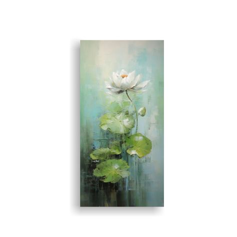 Pintura Abstracta De Loto Verde En Lienzo, Estilo  20x40cm-0