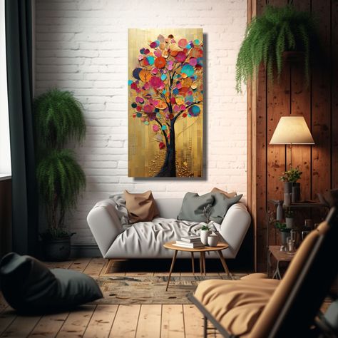 Pintura árbol Vibrante En Colores Y Dorado 30x60cm-2