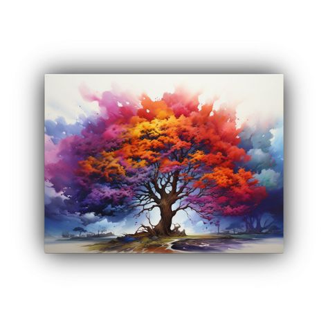 Pintura Acuarela Abstracta Arco Iris Árbol Acacia: Decoraci 75x50cm-0