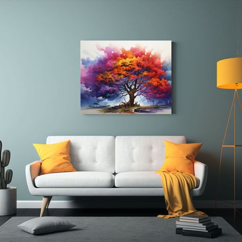 Pintura Acuarela Abstracta Arco Iris Árbol Acacia: Decoraci 75x50cm-2