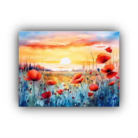 Lienzo De Tela Con Colores De Campo De Amapolas Al Atardecer 40x30cm-0