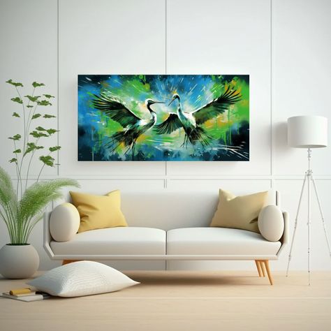Cuadros Abstractos De Grullas En Verde Y Azul Esti 100x50cm-2
