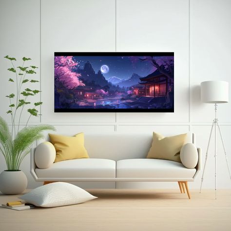 Pintura Decorativa De Noche En Un Pueblo Rodeado 80x40cm-2