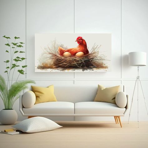 Lienzo Impreso Gallo Feliz Huevos Campo Rural 160x80cm-2