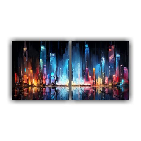 Set 2 Lienzos Escena Abstracta Ciudad En Luces 40x20 Cm-0